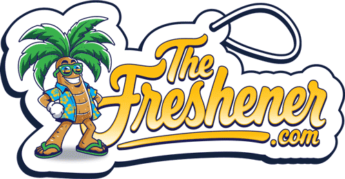 thefreshener.com logo in a shape of a freshener with mascot Palmy standing next to it and with string hanging