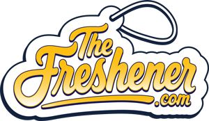 The Freshener.com logo featuring stylized yellow and white cursive lettering with a white cloud-like outline and a hanging tag loop at the top, set against a solid black background.